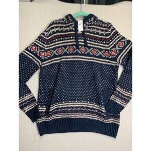 American Eagle Hooded Knit Fair Isle Sweater Mens Large Kangaroo Pocket